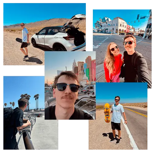 Colagem de fotos reais do Neto Duwe em viagens e com seu skate